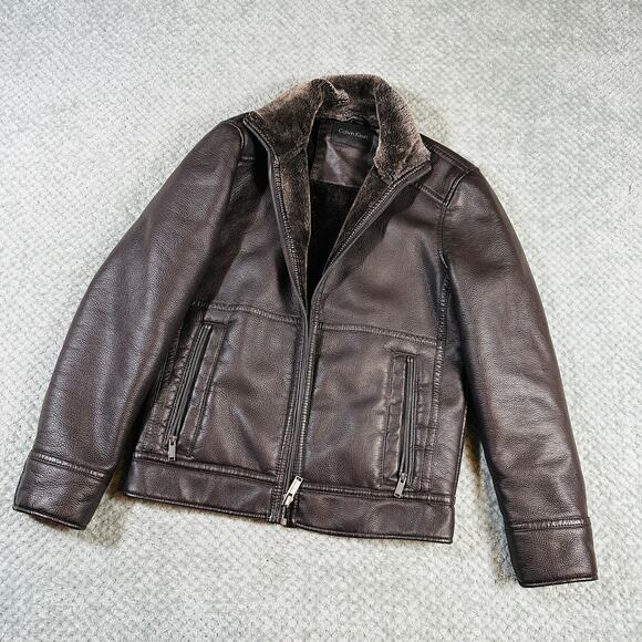 CALVIN KLEIN Real Dark Chocolate Leather Faux Fur Lined Moto Bomber Biker Jacket - Picture 1 of 7